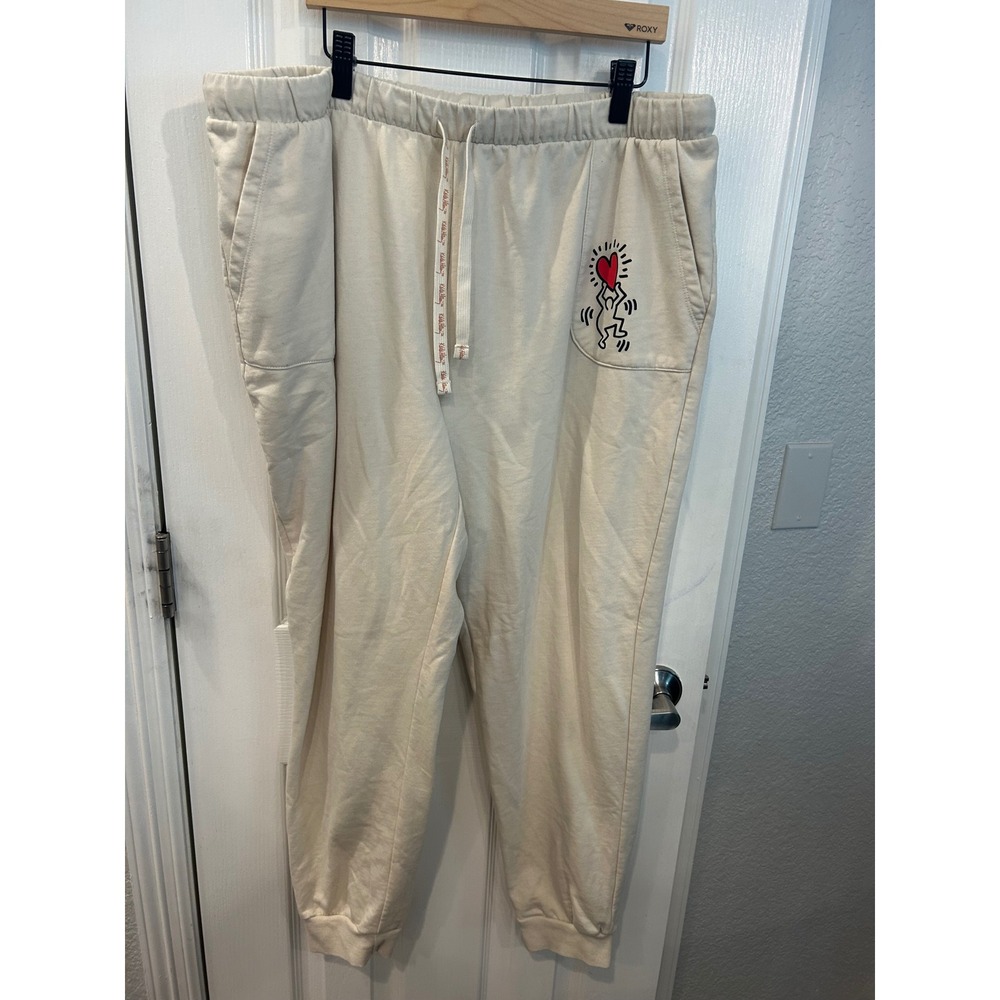 Keith Haring Joggers Cream Heart Graphic Drawstring Sweatpants Streetwear XL‎